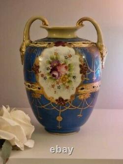 Pair Of Antique Nippon Handled Vase Hand Painted Floral Gold Detail Blue Cre