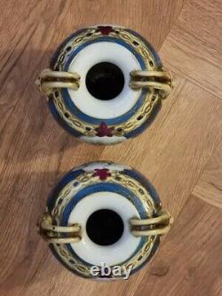 Pair Of Antique Nippon Handled Vase Hand Painted Floral Gold Detail Blue Cre