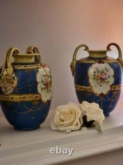 Pair Of Antique Nippon Handled Vase Hand Painted Floral Gold Detail Blue Cre