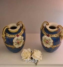 Pair Of Antique Nippon Handled Vase Hand Painted Floral Gold Detail Blue Cre