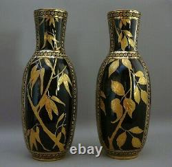 Pair Of Vases, Porcelain, 12.5, Coalport, England Cobalt Blue, Gilded, Birds. 1881