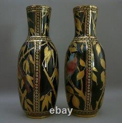 Pair Of Vases, Porcelain, 12.5, Coalport, England Cobalt Blue, Gilded, Birds. 1881