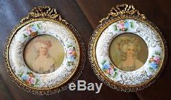 Pair Of Vintage French Ormolu Filigree Brass Enamel HandPainted Porcelain Frames