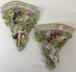 Pair Porcelain Wall Shelf Bracket Consoles Cherub Floral Antique hand painted