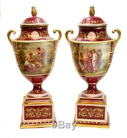 Pair Royal Vienna Austria Hand Painted Porcelain Double Handled Urns, circa 1900