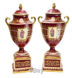 Pair Royal Vienna Austria Hand Painted Porcelain Double Handled Urns, circa 1900