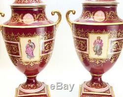 Pair Royal Vienna Austria Hand Painted Porcelain Double Handled Urns, circa 1900