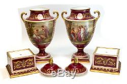 Pair Royal Vienna Austria Hand Painted Porcelain Double Handled Urns, circa 1900