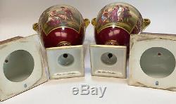 Pair Royal Vienna Austria Hand Painted Porcelain Double Handled Urns, circa 1900