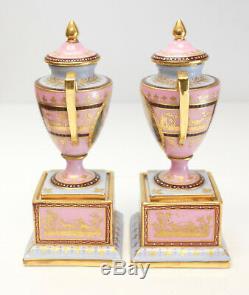 Pair Royal Vienna Hand Painted Porcelain Miniature Double Handled Urns, c1910