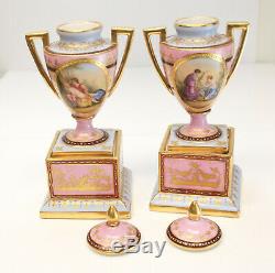Pair Royal Vienna Hand Painted Porcelain Miniature Double Handled Urns, c1910