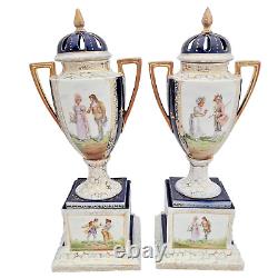 Pair Royal Vienna Style Porcelain Lidded Vases Victoria Carlsbad Austria ca 1900