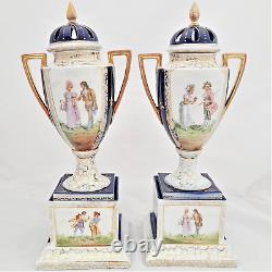 Pair Royal Vienna Style Porcelain Lidded Vases Victoria Carlsbad Austria ca 1900