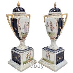 Pair Royal Vienna Style Porcelain Lidded Vases Victoria Carlsbad Austria ca 1900