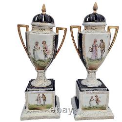 Pair Royal Vienna Style Porcelain Lidded Vases Victoria Carlsbad Austria ca 1900