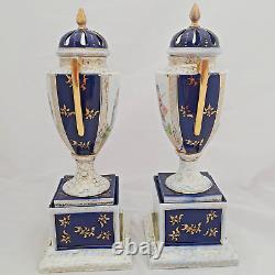 Pair Royal Vienna Style Porcelain Lidded Vases Victoria Carlsbad Austria ca 1900