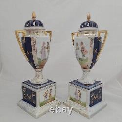 Pair Royal Vienna Style Porcelain Lidded Vases Victoria Carlsbad Austria ca 1900