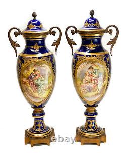 Pair Sevres Hand Painted Porcelain Double Handled Decorative Urns, circa 1900