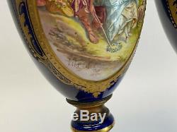 Pair Sevres Hand Painted Porcelain Double Handled Decorative Urns, circa 1900