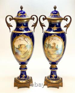 Pair Sevres Hand Painted Porcelain Double Handled Decorative Urns, circa 1900
