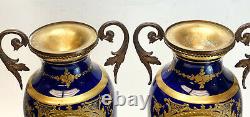 Pair Sevres Hand Painted Porcelain Double Handled Decorative Urns, circa 1900