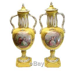 Pair Sevres Hand Painted Porcelain & Jeweled Double Handled Lidded Urns, 19th C