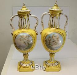 Pair Sevres Hand Painted Porcelain & Jeweled Double Handled Lidded Urns, 19th C