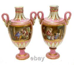 Pair Sevres Hand Painted Porcelain Twin Handled Miniature Urns, c1900, Signed