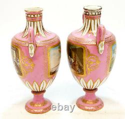 Pair Sevres Hand Painted Porcelain Twin Handled Miniature Urns, c1900, Signed