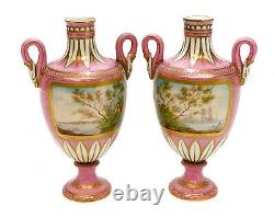 Pair Sevres Hand Painted Porcelain Twin Handled Miniature Urns, c1900, Signed