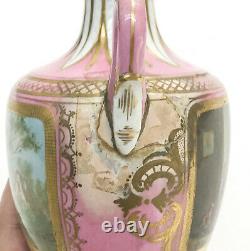 Pair Sevres Hand Painted Porcelain Twin Handled Miniature Urns, c1900, Signed