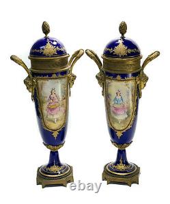 Pair Sevres Style France Porcelain Hand Painted Decorative Urns, circa 1910