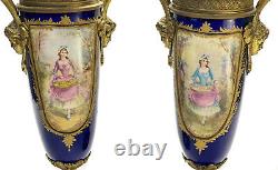 Pair Sevres Style France Porcelain Hand Painted Decorative Urns, circa 1910