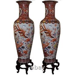 Pair/chinese Porcelain Vases 6ft Hand Painted Gilded With Display Stands