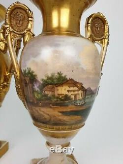 Pair of 19th C Vieux Paris French Handpainted Porcelain Vases