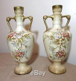 Pair of 2 antique hand painted Royal Bonn German floral gilt porcelain vases