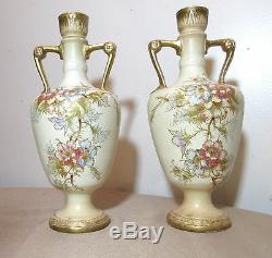 Pair of 2 antique hand painted Royal Bonn German floral gilt porcelain vases