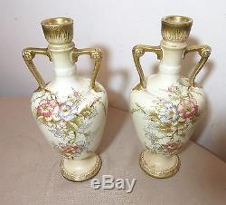 Pair of 2 antique hand painted Royal Bonn German floral gilt porcelain vases