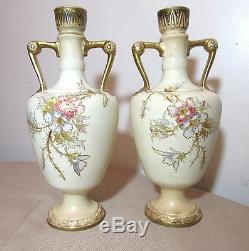 Pair of 2 antique hand painted Royal Bonn German floral gilt porcelain vases