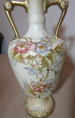 Pair of 2 antique hand painted Royal Bonn German floral gilt porcelain vases