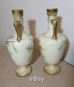 Pair of 2 antique hand painted Royal Bonn German floral gilt porcelain vases