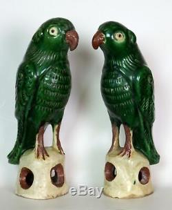 Pair of Antique Chinese Sancai Pottery Porcelain Parrots Figures Roof Tiles