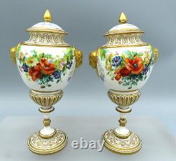 Pair of Antique Coalport Porcelain Urns Lidded Vases Hand Painted 19th Century