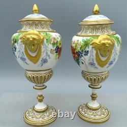 Pair of Antique Coalport Porcelain Urns Lidded Vases Hand Painted 19th Century