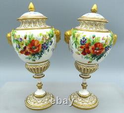 Pair of Antique Coalport Porcelain Urns Lidded Vases Hand Painted 19th Century