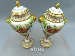 Pair of Antique Coalport Porcelain Urns Lidded Vases Hand Painted 19th Century