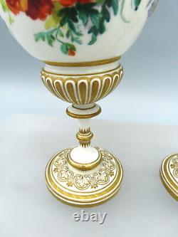 Pair of Antique Coalport Porcelain Urns Lidded Vases Hand Painted 19th Century