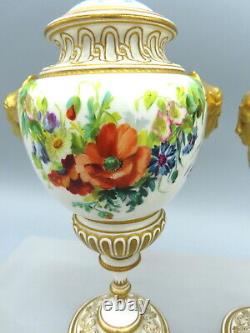 Pair of Antique Coalport Porcelain Urns Lidded Vases Hand Painted 19th Century