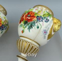 Pair of Antique Coalport Porcelain Urns Lidded Vases Hand Painted 19th Century