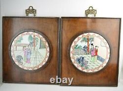 Pair of Chinese Porcelain Plaques Hand Painted Garden Female Scenes Framed Wood